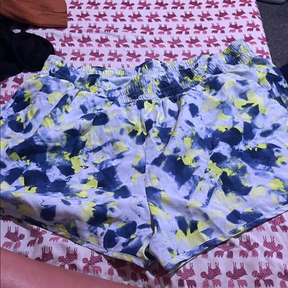 Athleta Blue and Yellow Tie-Dye Athletic Shorts